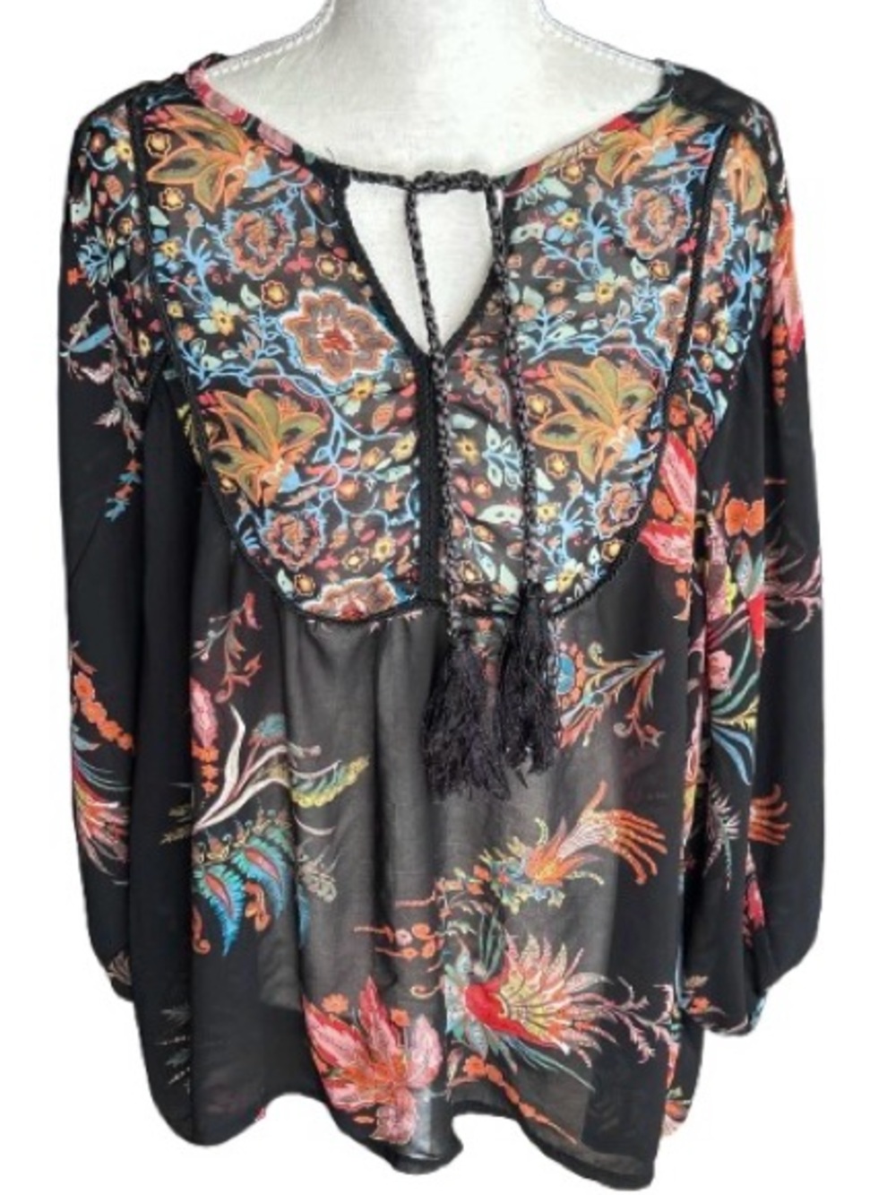 XL Sheer Peasant Floral Jeans by Buffalo Top Boho Bohemian Flowers Vintage Shirt